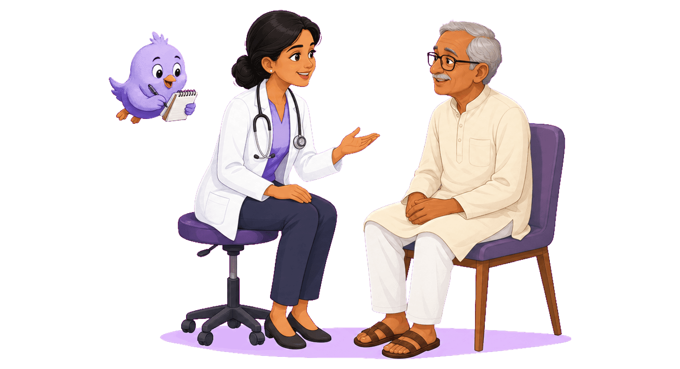 A doctor fully present with her patient while Nimo, a small purple bird, takes the notes